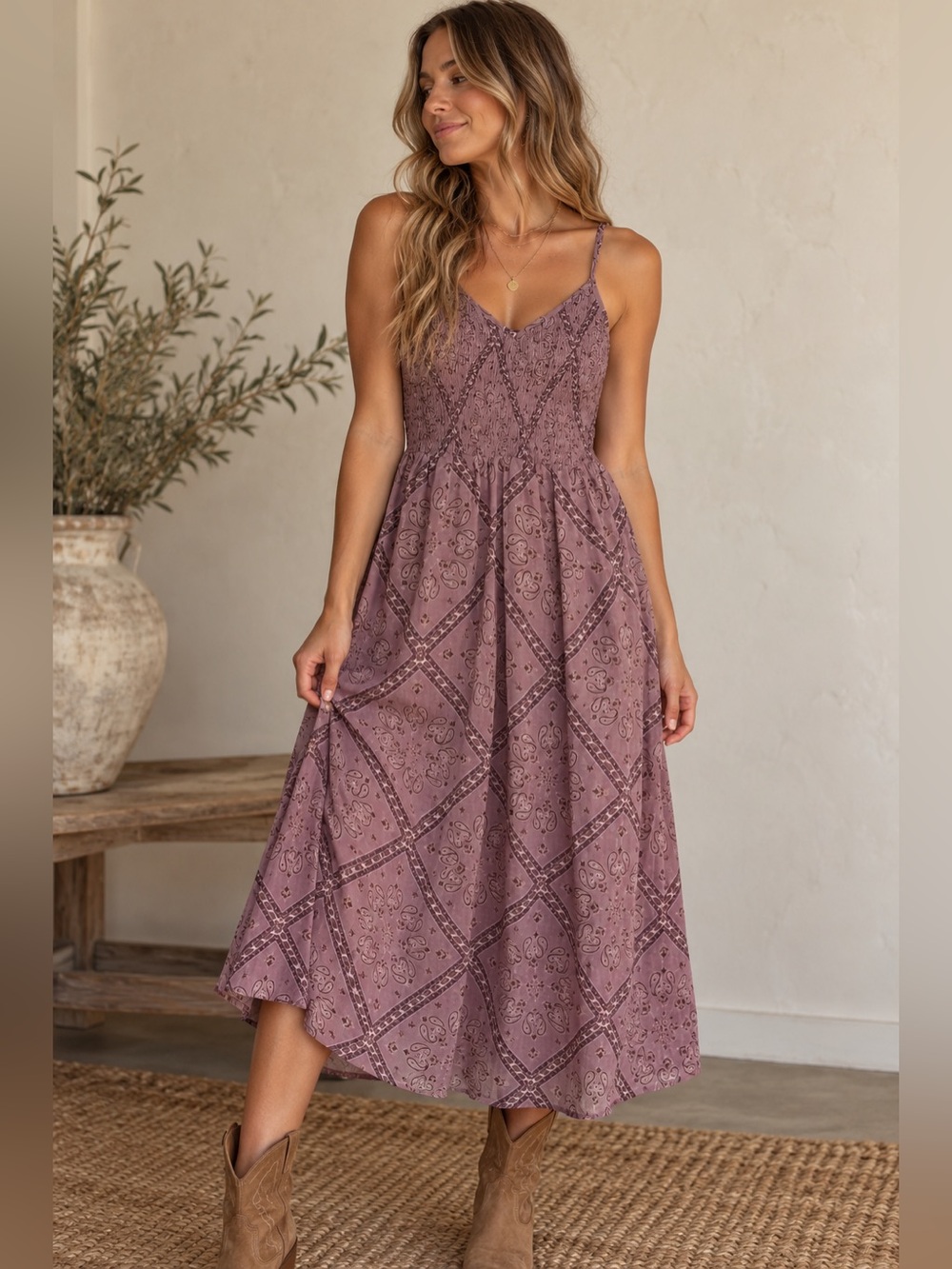 Mystree Paisley Boho Midi Dress Mauve Spaghetti Strap M NWT